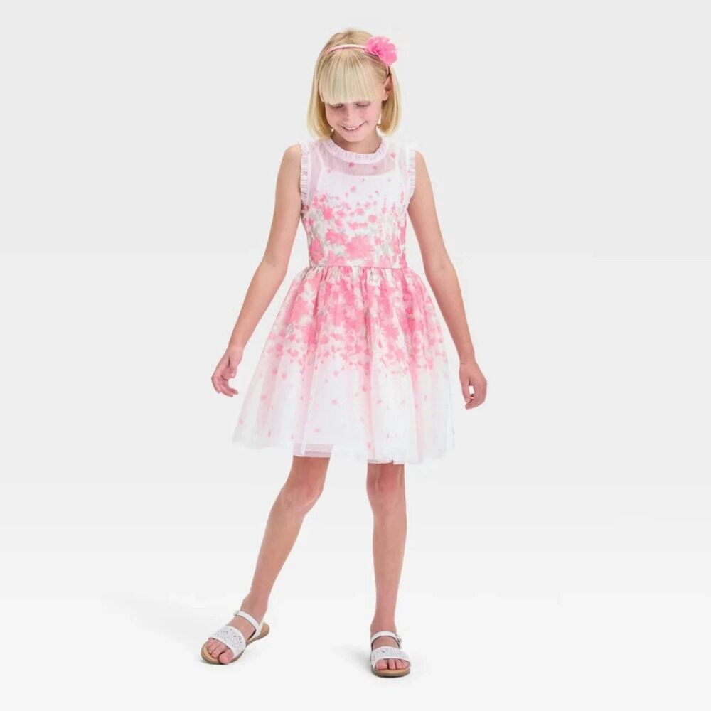 EUC Zenzi Girl's Sleeveless Floral Tulle Lined Dress - Blush Pink Sparkle XL 14